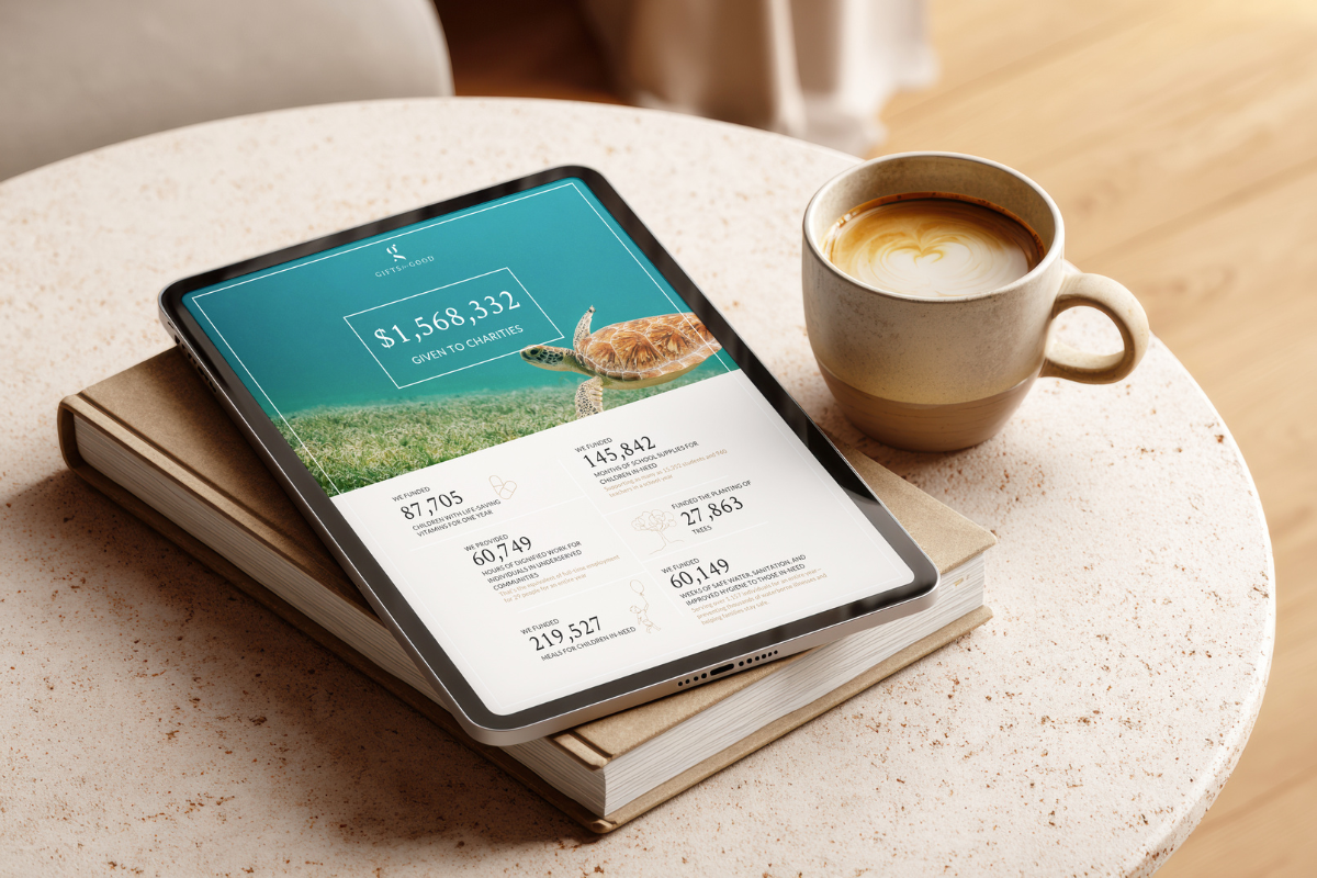A tablet featuring Gifts for Good's 2025 Impact on books next to a cup of coffee on a table.