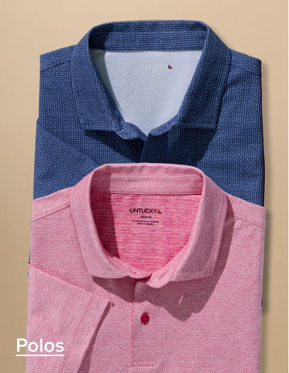Two polo shirts, one blue and one pink, displayed against a neutral background.