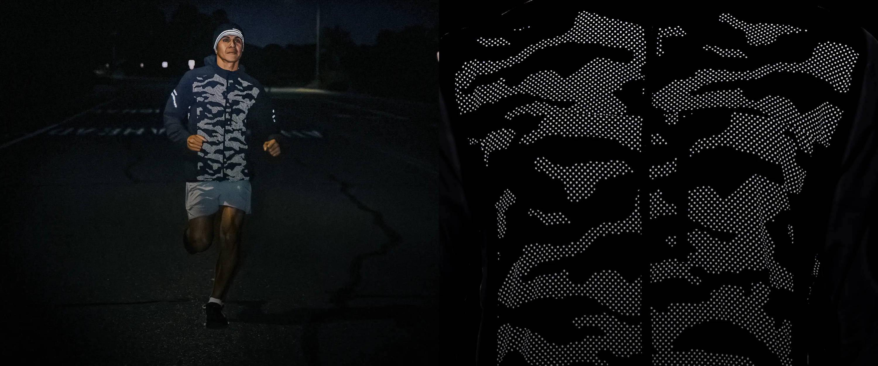 Split image with the left side showing a male runner running down the street at night wearing a Nathan HyperNight Stealth Jacket which shows off the reflectivity of the jacket and the right side of the image shows an up close image of the jacket.