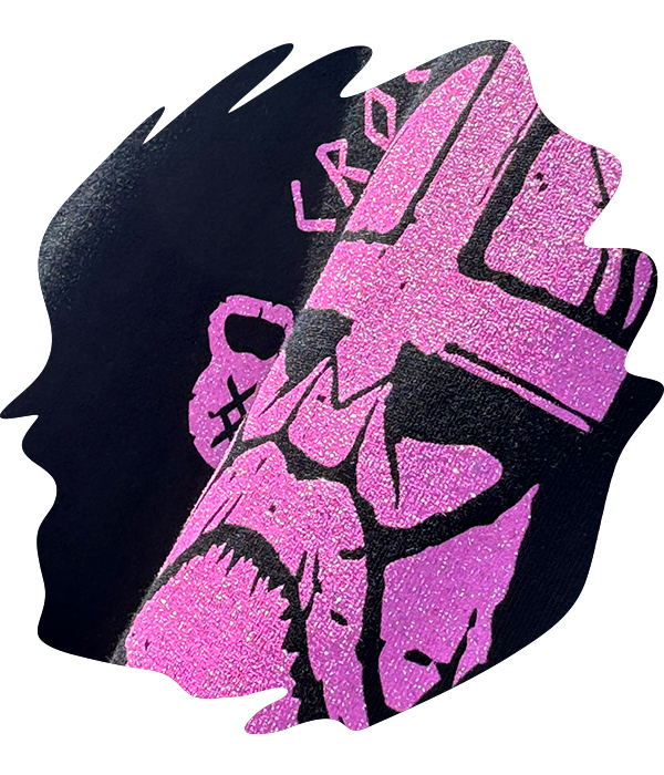 Black fabric with pink glitter ink screen printed graphic featuring textured sparkle finish on illustrated design