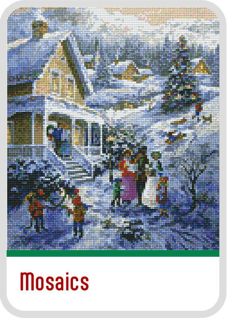 Winter scene with people, house, and snow-covered landscape. Christmas Mosaic Mosaics Kits