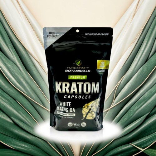 Kratom capsules package on a decorative background.