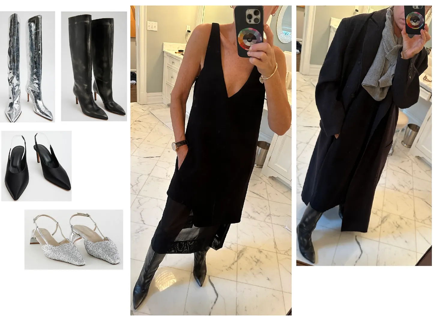 Fashion collage featuring various outfits and footwear options.