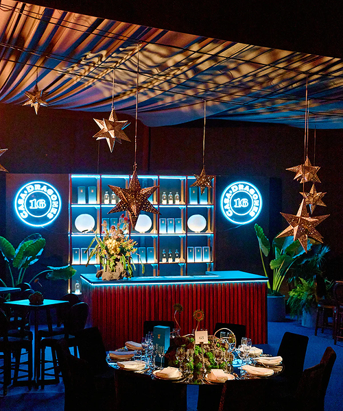 Stylish bar area with hanging stars and plants under blue lighting.