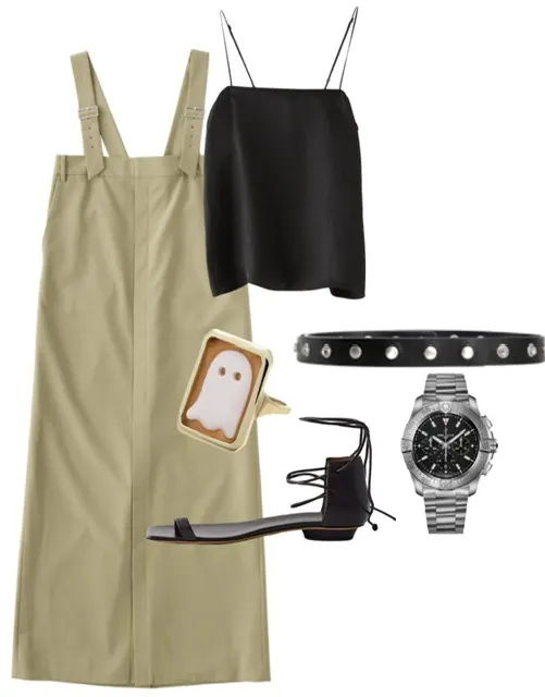 Outfit flat lay featuring overalls, top, shoes, jewelry, and a watch.