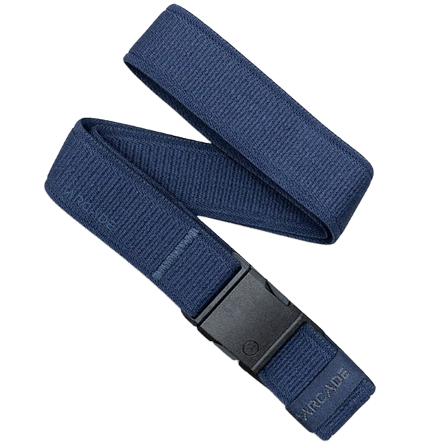 A blue fabric belt with a black buckle.