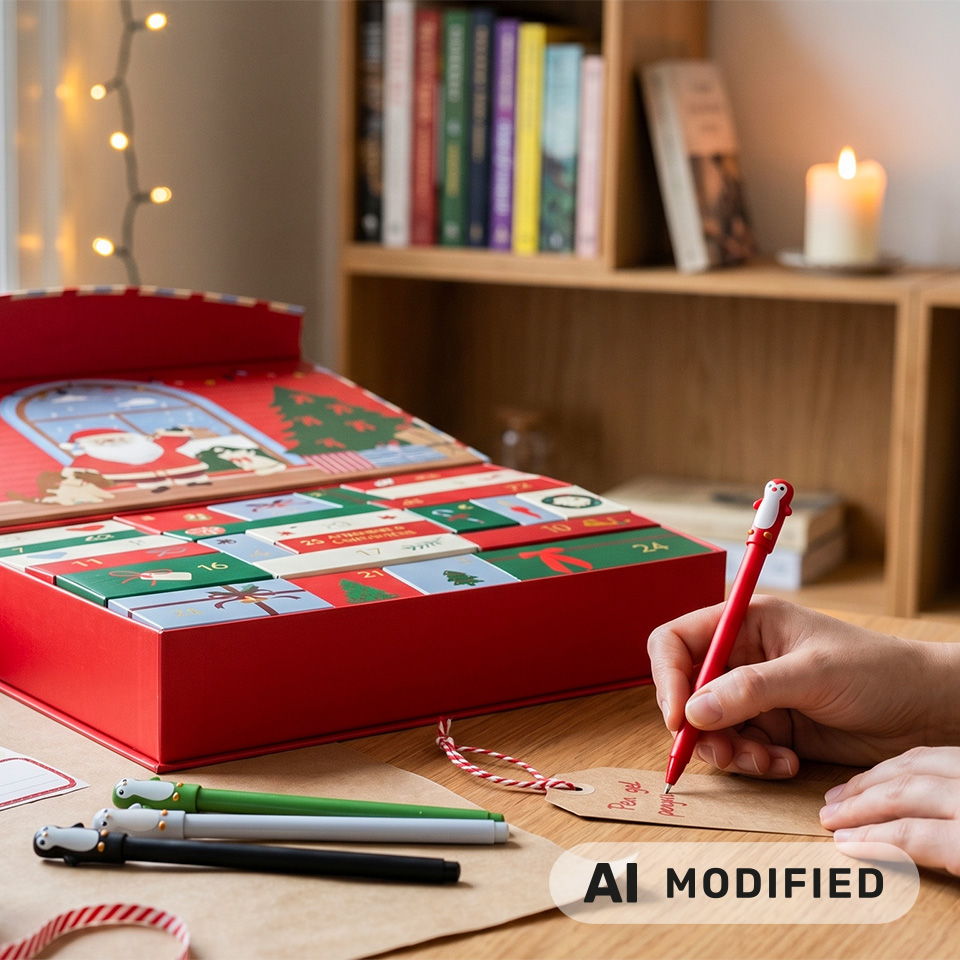 Personne écrivant sur une étiquette à côté d’un calendrier de l’Avent festif.