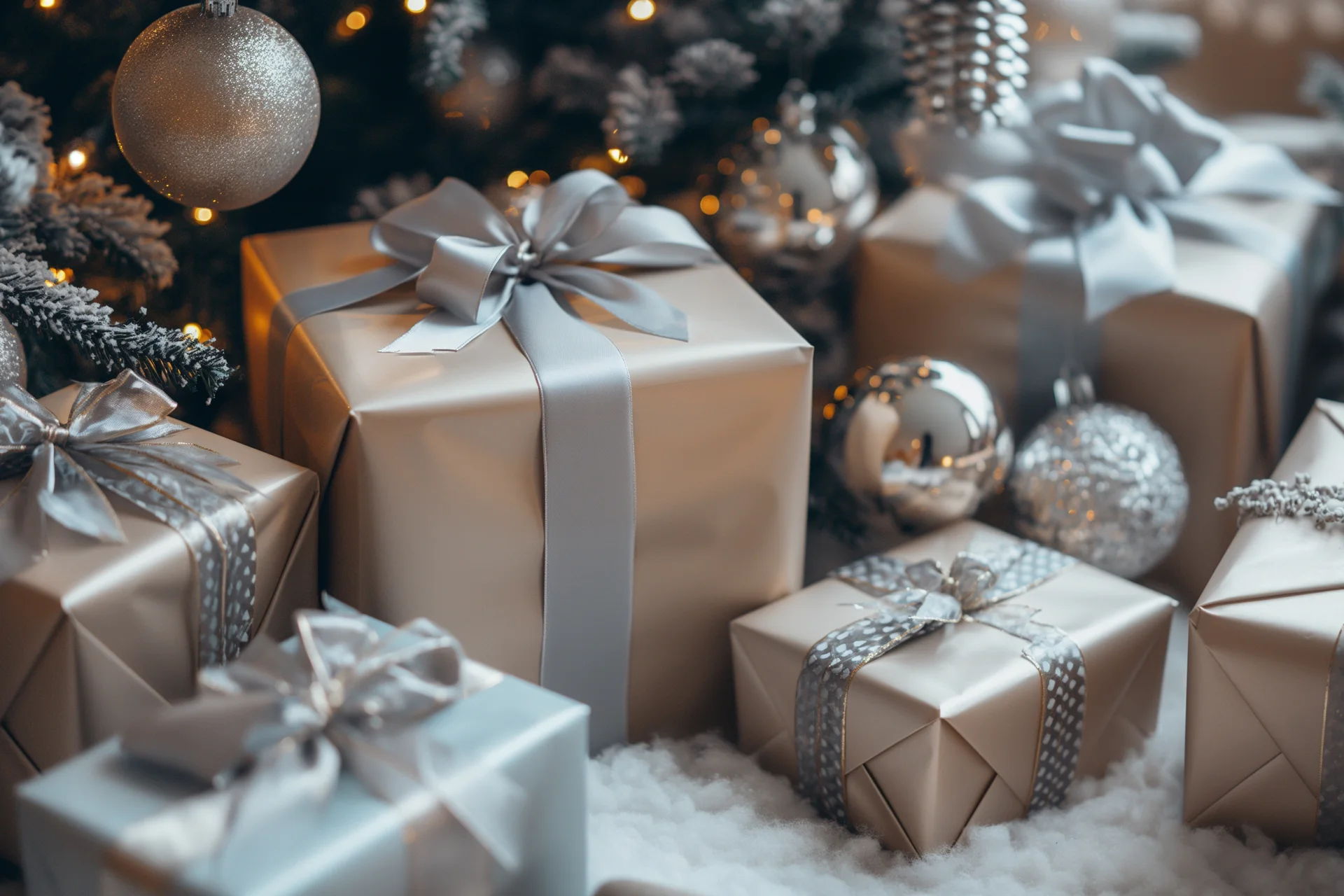 Presents wrapped in silver and gold under a decorated Christmas tree.