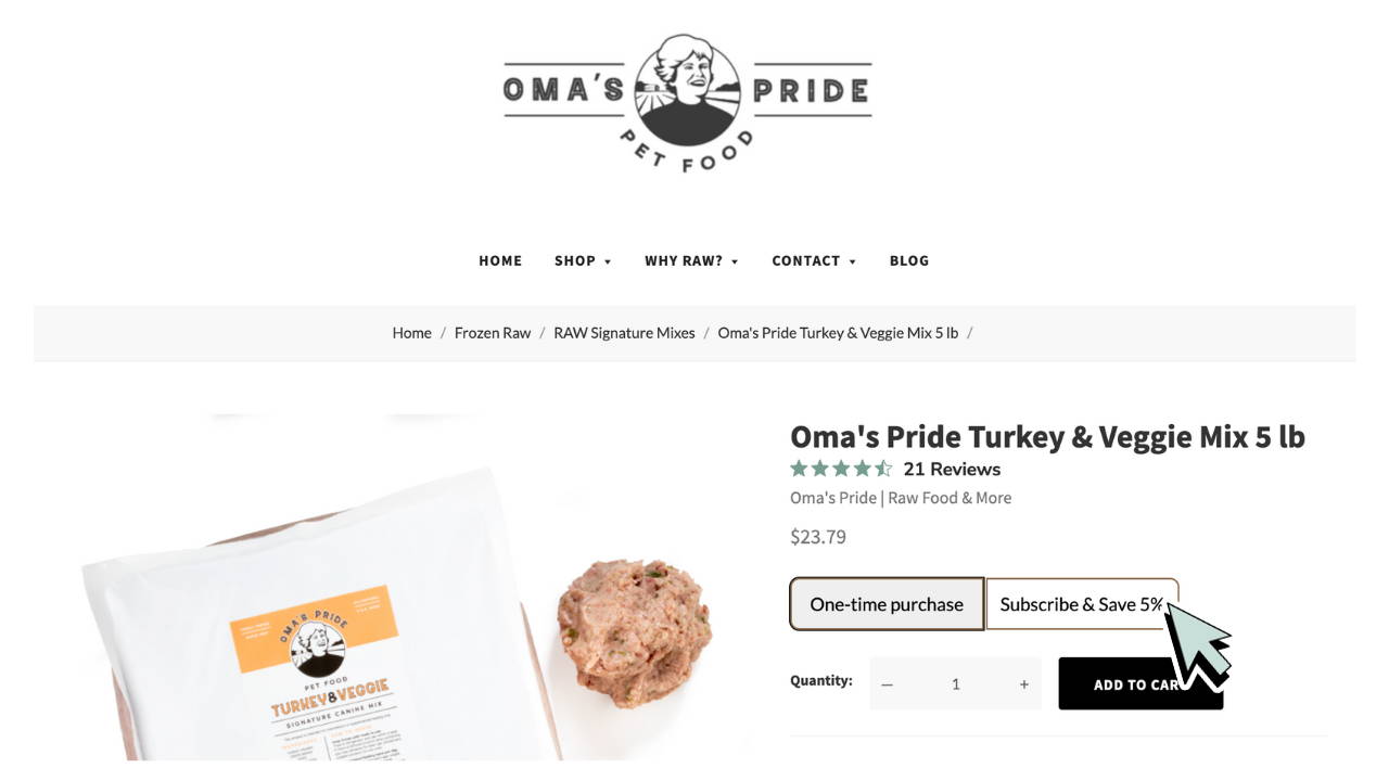 Graphic showing how to subscribe & save on the Oma's Pride website.