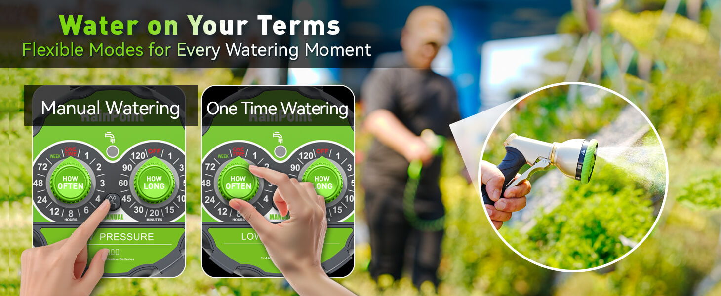 Watering options with a person tending to plants in a garden setting.