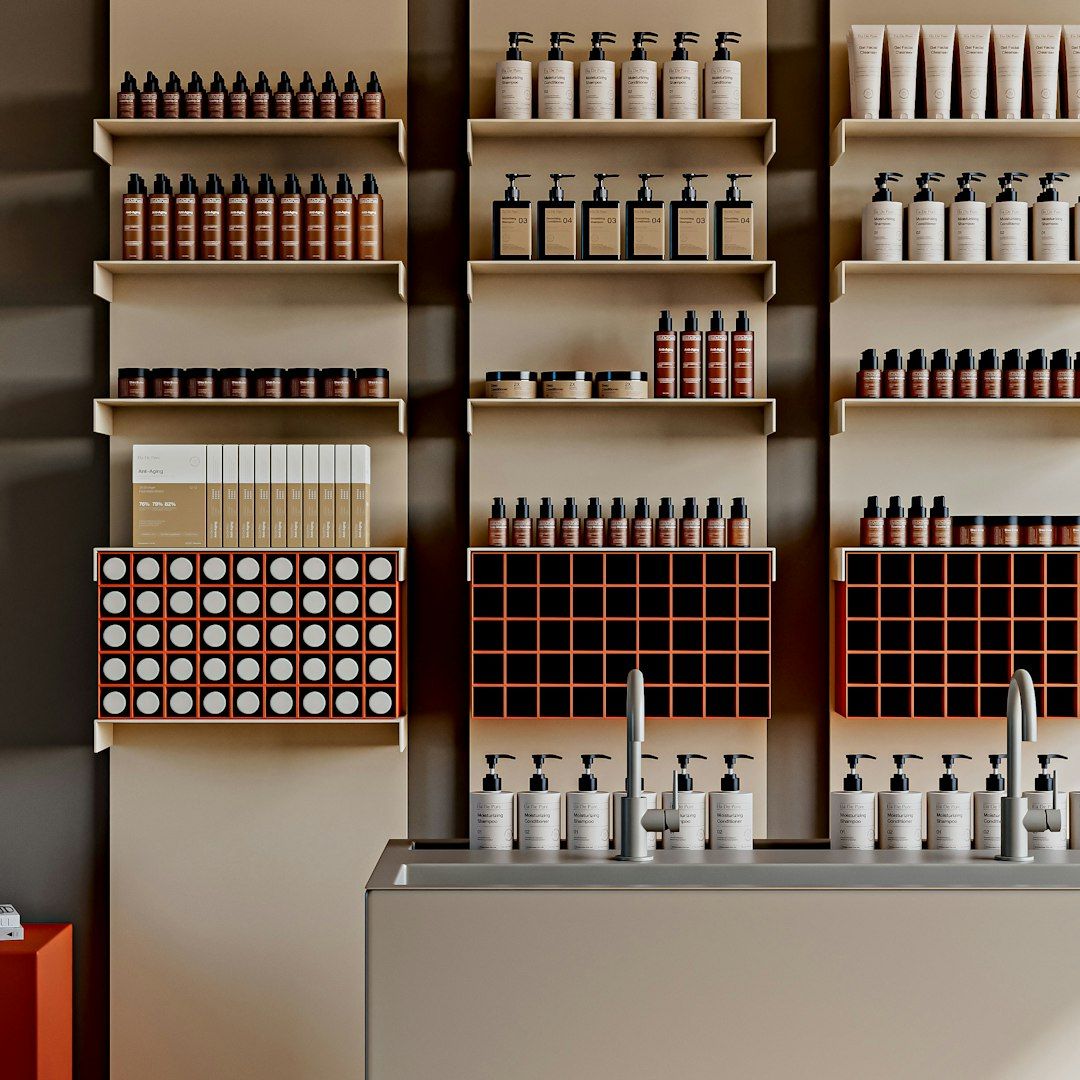 Shelves filled with various bottles and jars.