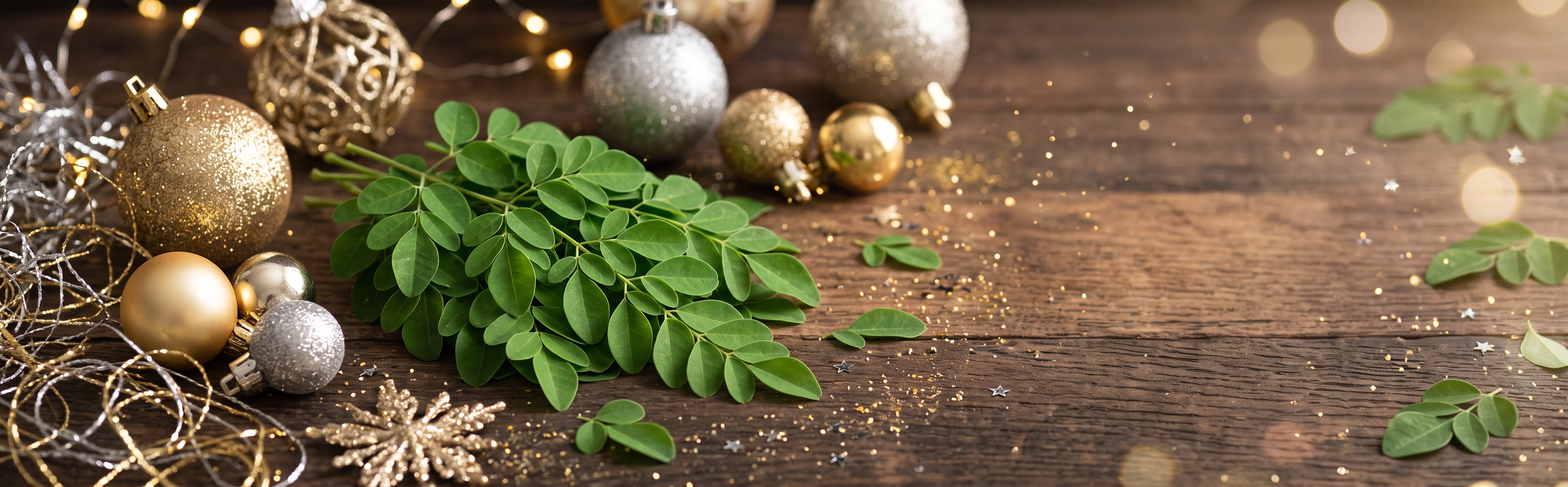 Moringa Leaves in Holiday Scene with Gold and Silver Stars, Tinsel and Baubles