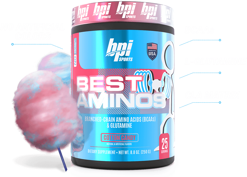 Bottle of Best Aminos Cotton Candy. Showin ingredients. No Artificial Colors, BCAAs, L-Glutamine, CLA Matrix