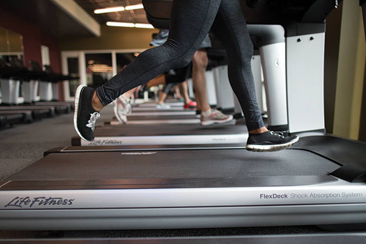 Exercisers running on row of Life Fitness treadmills with FlexDeck Shop Absorption System