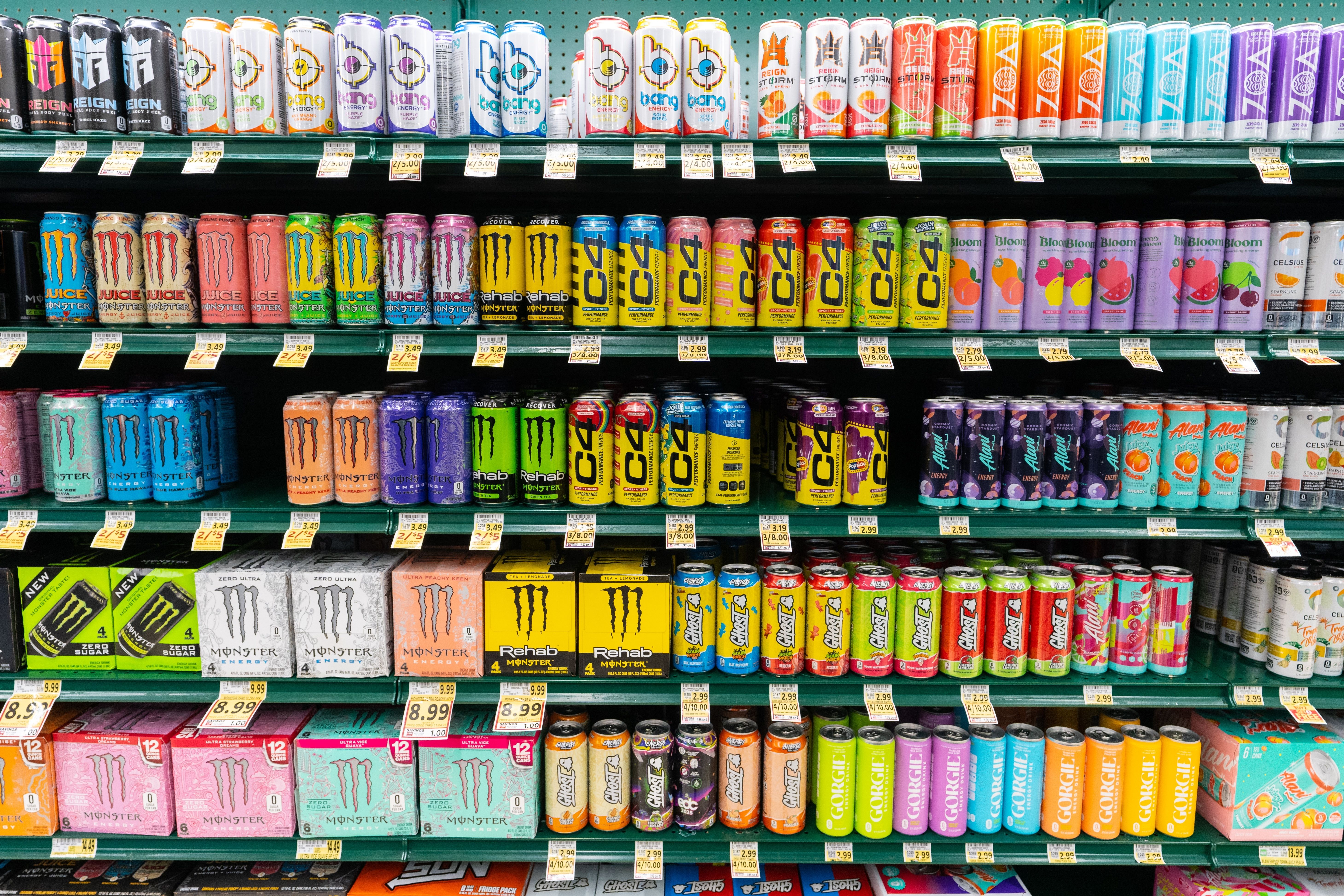Energy drinks on shelves