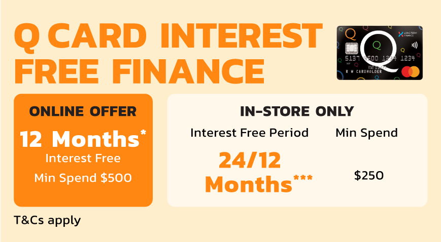 Q Card interest-free finance offer details for online and in-store purchases.