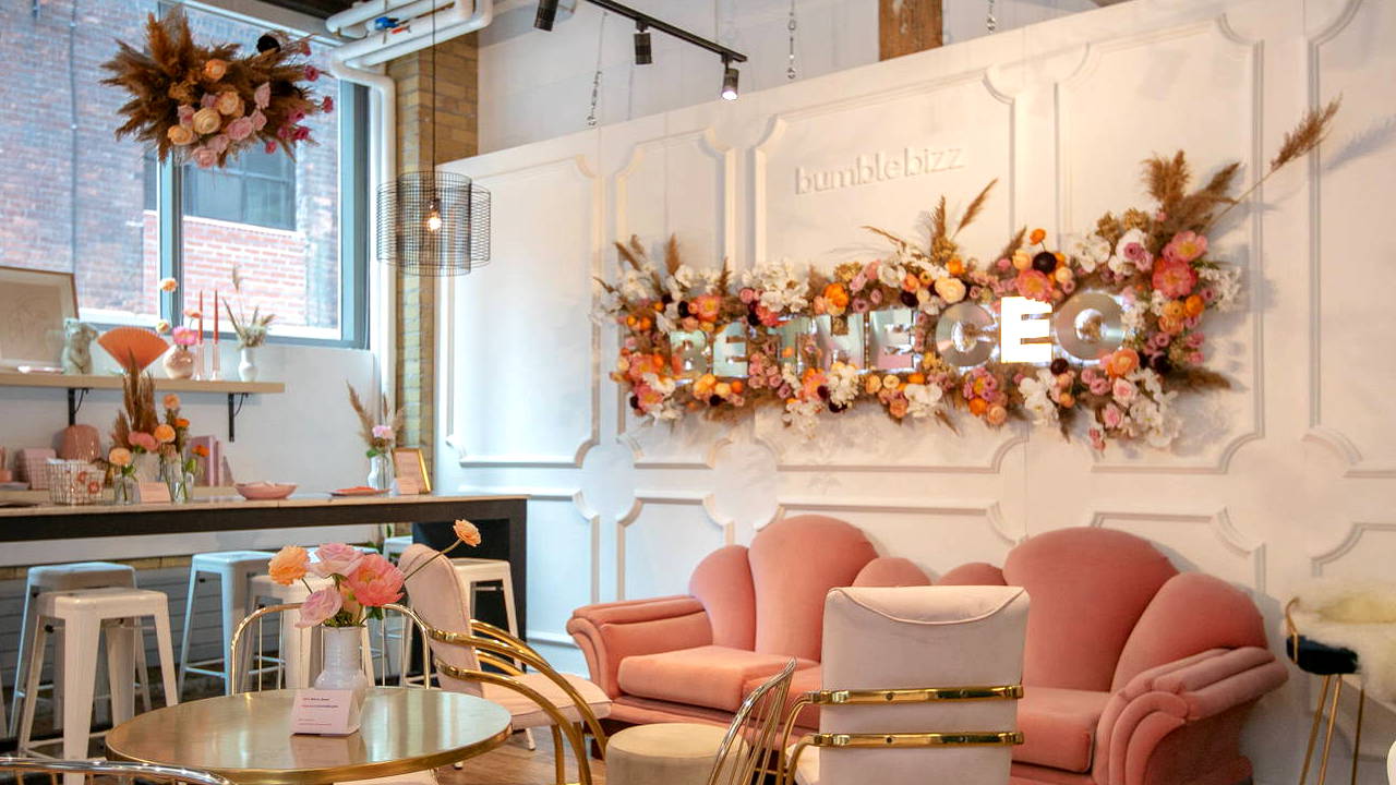 Yellow, Pinks, White floral installations for Bumble Bizz