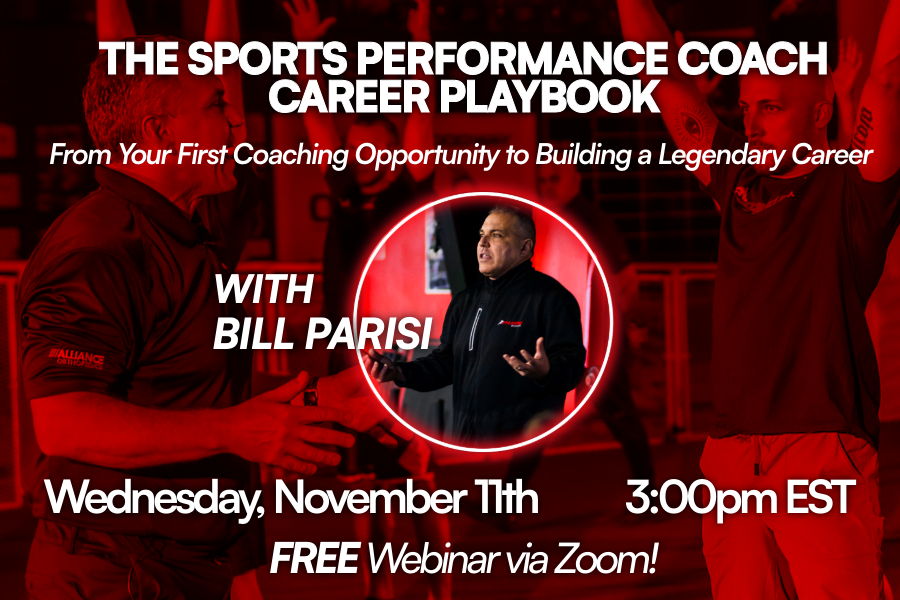 Promotional image for a webinar with Bill Parisi on sports coaching careers.