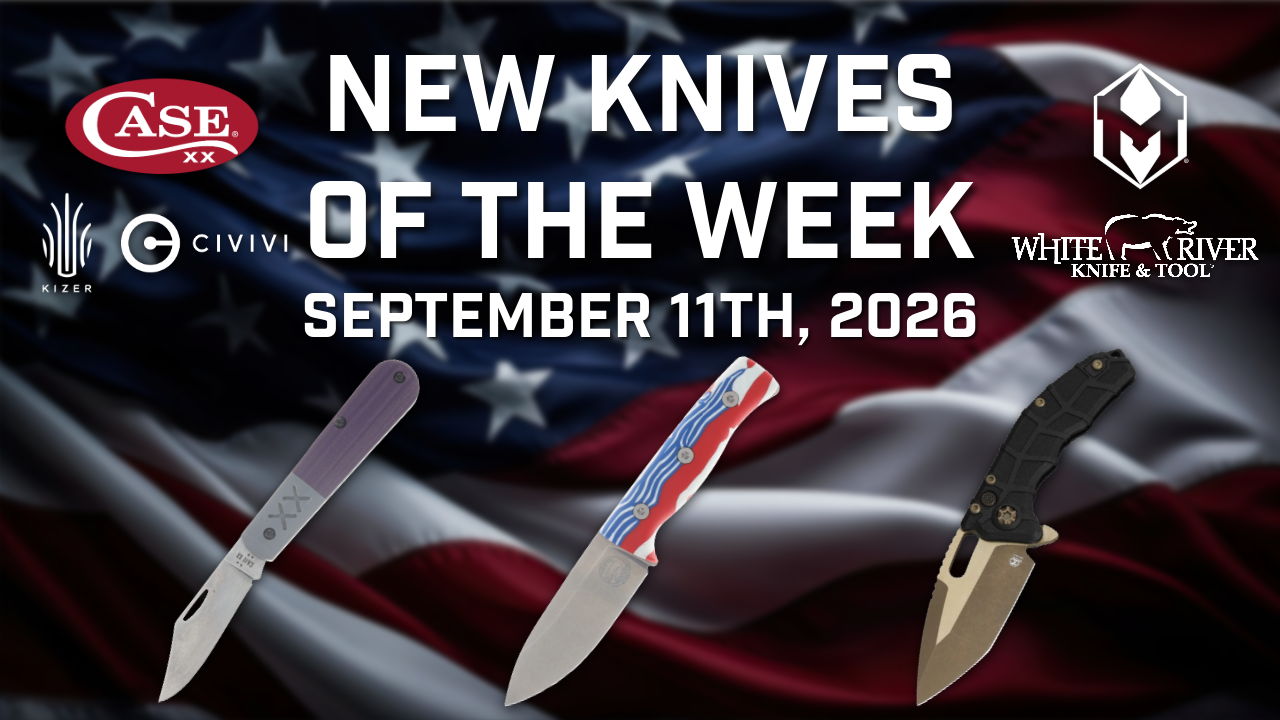 Promotional image for new knives, featuring brands and date September 11th, 2026.