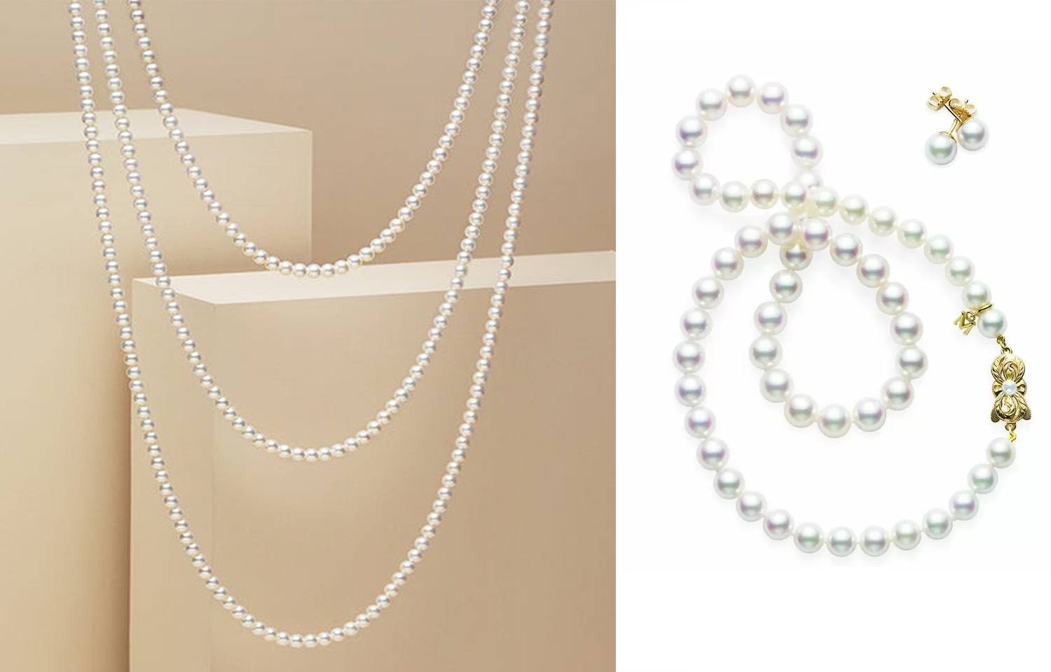 Mikimoto Pearl Necklaces on Beige Background