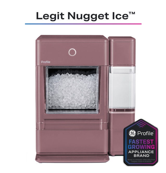 Pink Opal ice maker producing nugget ice with branding and features highlighted.