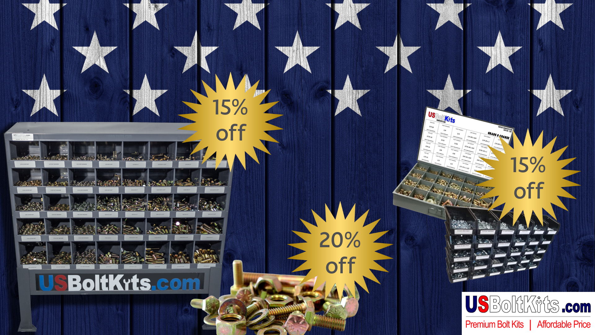 blue wooden wall with white stars across the top showing discount percentages for usboltkits.com store items