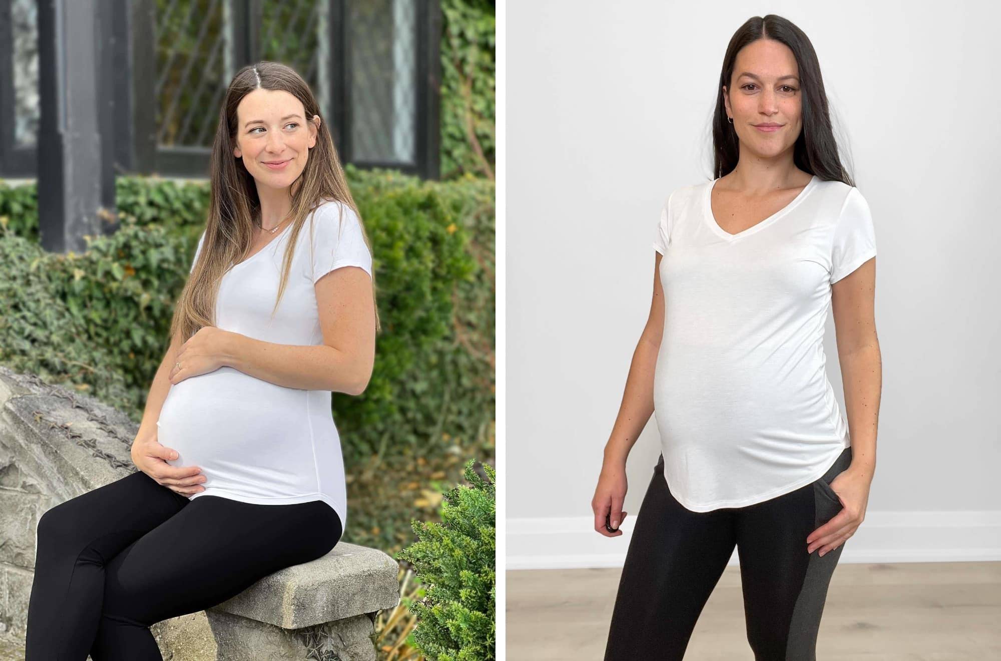 Side by side images of pregnant women wearing Miik's Sutton v-neck classic tee in white with leggings.