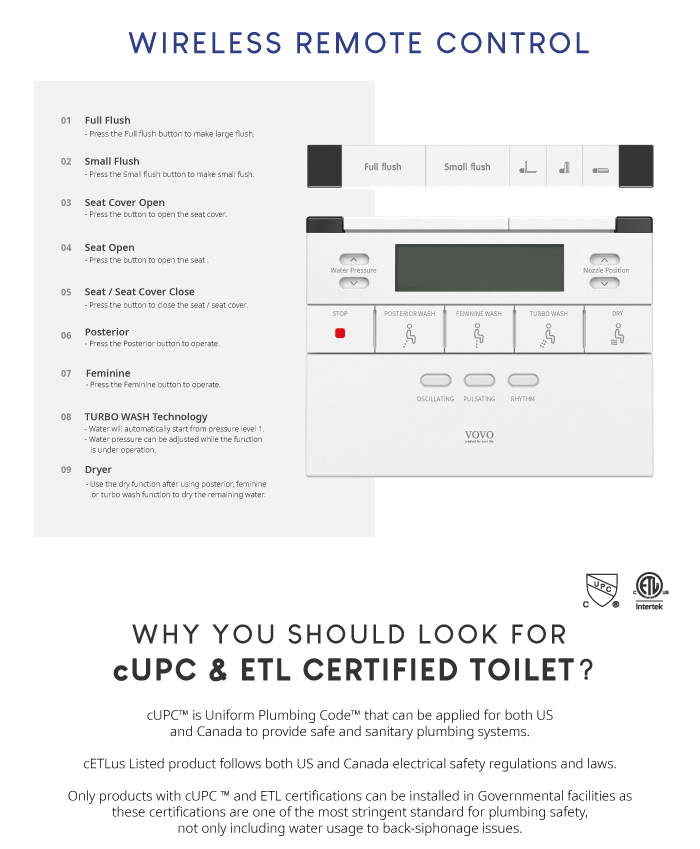 wireless remote control / Why you should look for cUPC ETL certified toilet? cUPC is the most stringent certification for plumbing standard that only certified toilet can be installed in governmental facilities