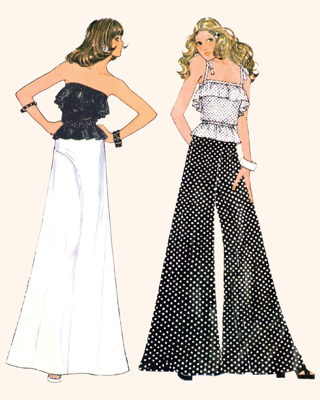Fashion illustration of two women in stylish outfits with wide-leg pants.