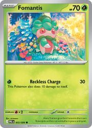 Fomantis Pokémon card featuring a green plant-like creature in a colorful background.