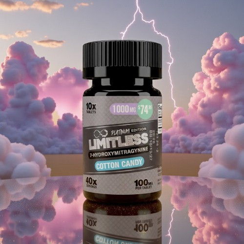 Bottle of Limitless dietary supplement against a surreal cloud background.