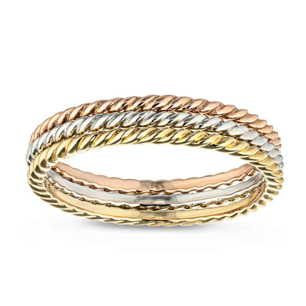 skinny rope dainty fashion rings featured in yellow gold, white gold, and rose gold by MiaDonna