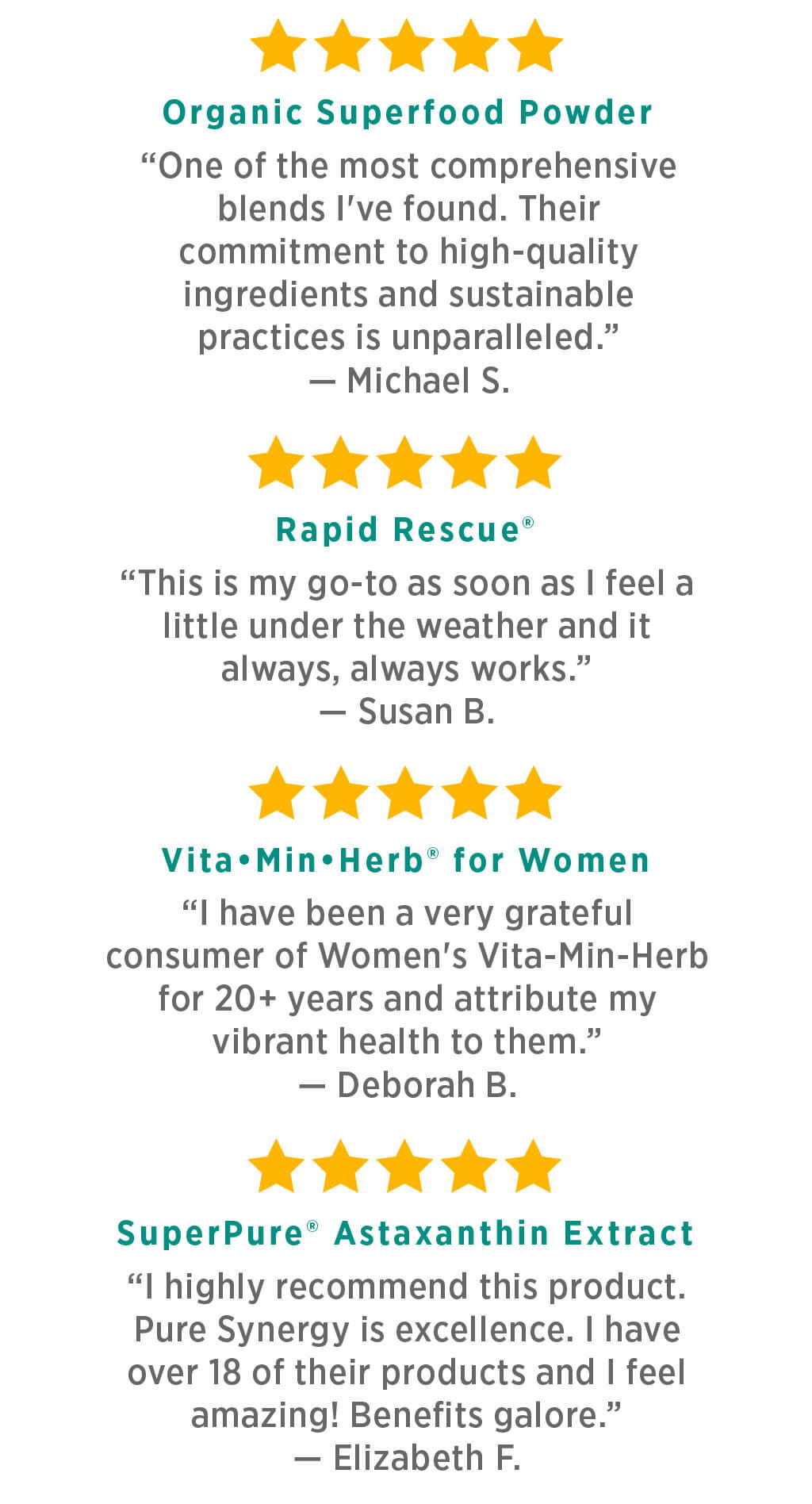 5-Star Reviews: “This is my go-to as soon as I feel a little under the weather and it always, always works.” – Susan B. | Rapid Rescue®. “One of the most comprehensive blends I've found. Their commitment to high-quality ingredients and sustainable practices is unparalleled.” – Micheal S. | Organic Superfood Powder. I have been a very grateful consumer of Women's Vita-Min-Herb for 20+ years and attribute my vibrant health to them. – Deborah B. | Vita•Min•Herb® for Women. I highly recommend this product. Pure Synergy is excellence. I have over 18 of their products and I feel amazing! Benefits galore. – Elizabeth F. | SuperPure® Astaxanthin Extract