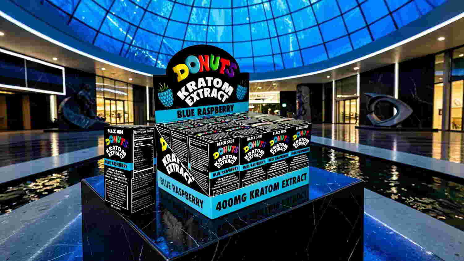 Display of donut boxes in a modern atrium setting.