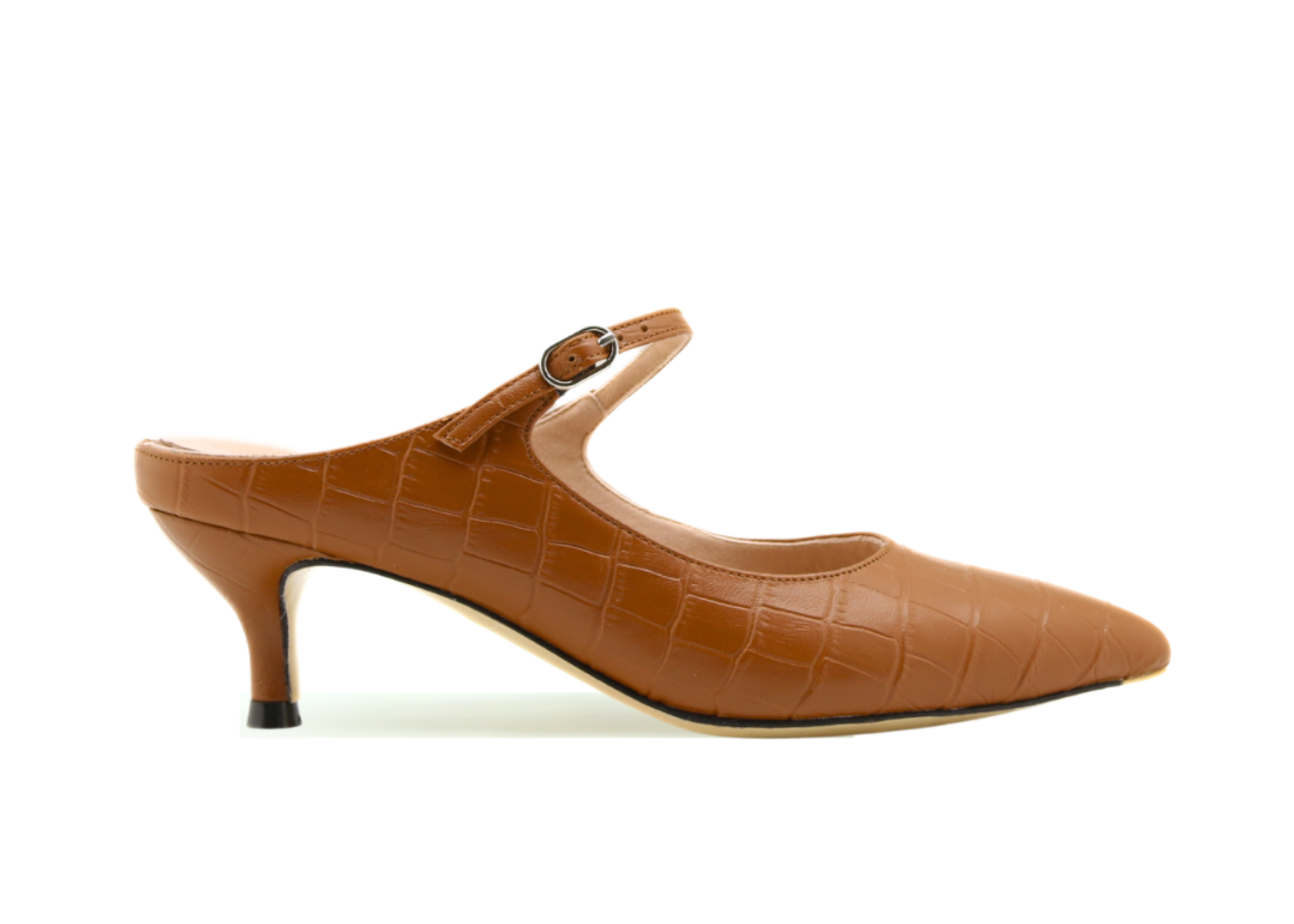 Brown heeled shoes with a strap and open toe.