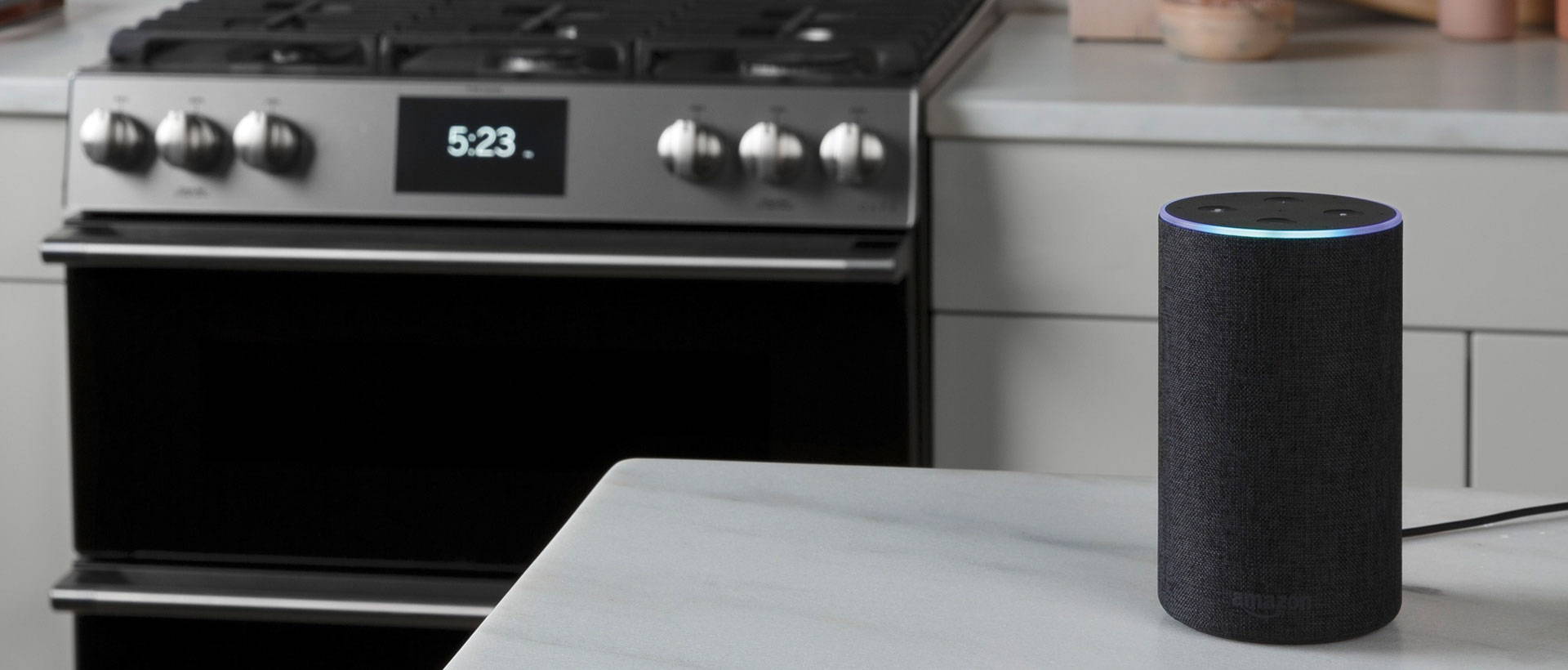 Amazon Alexa on counter by Cafe Appliances Smart Range