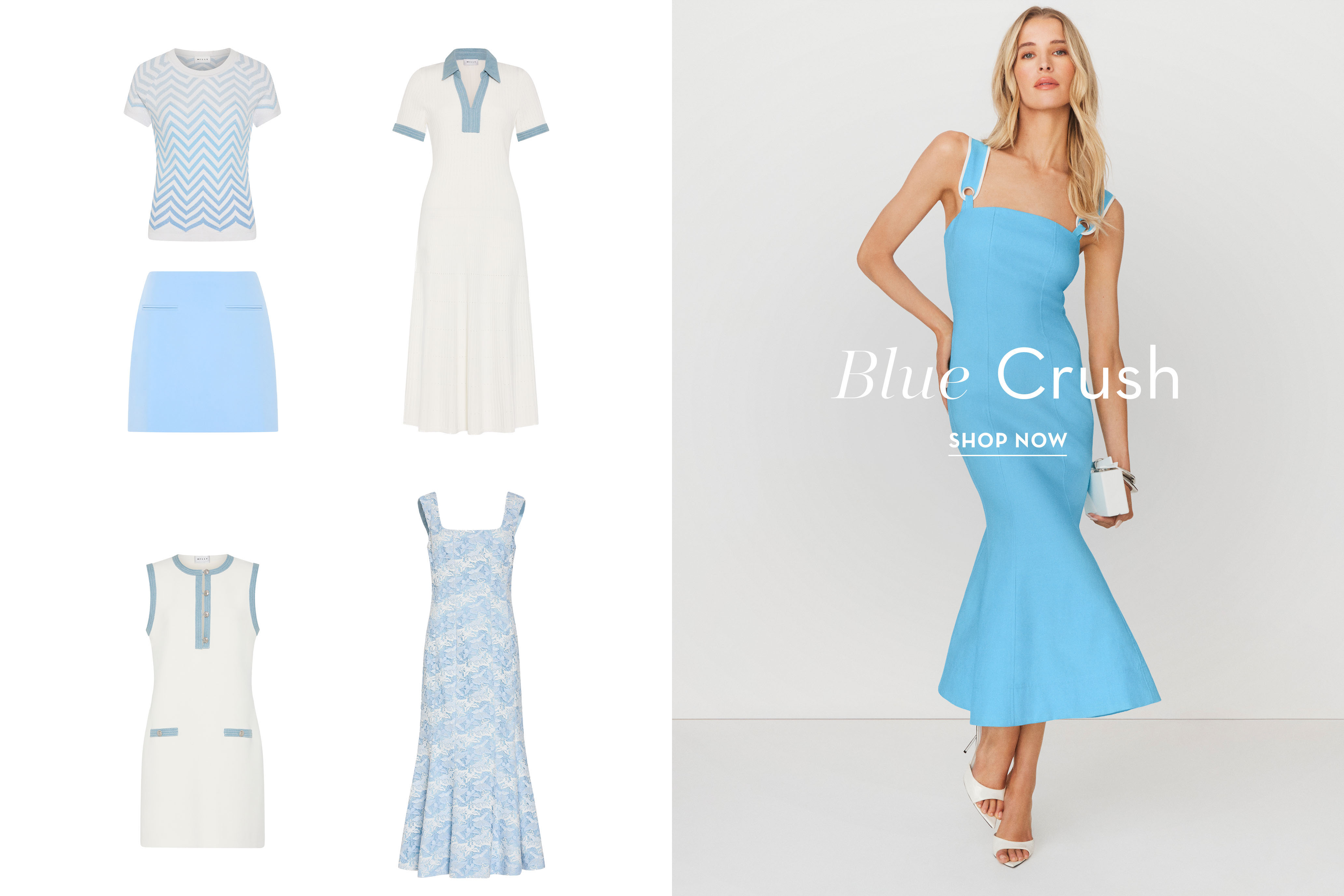 Fashion display featuring blue and white dresses and tops.
