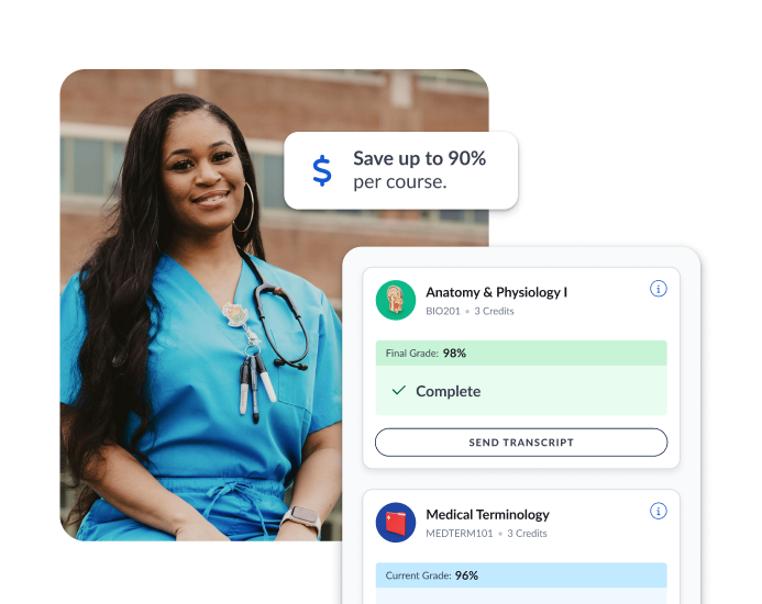 Nurse in scrubs with course completion details and savings offer.