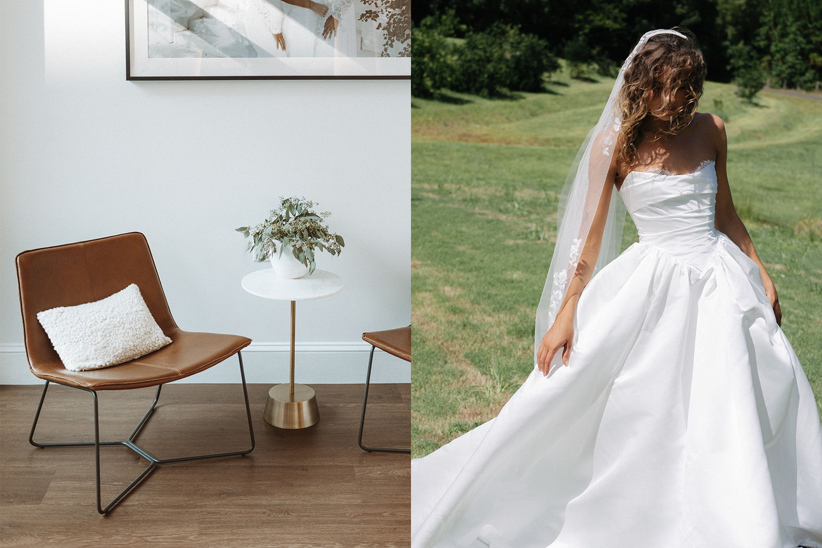 A modern chair beside a bride in a wedding dress outdoors.