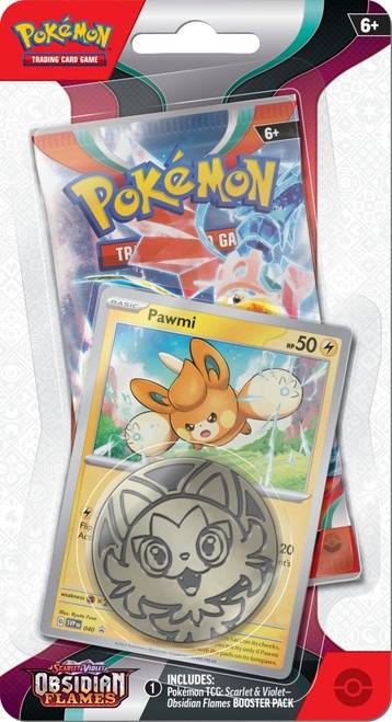 Pokémon Obsidian Flames booster pack with Pawmi card and coin.