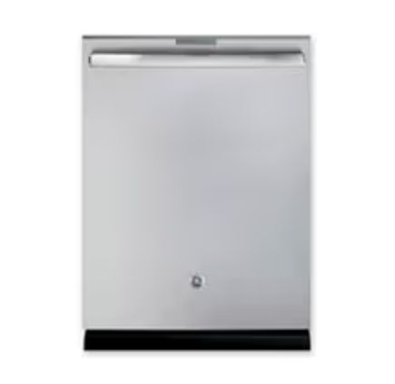 A stainless steel dishwasher with a sleek design and handle.