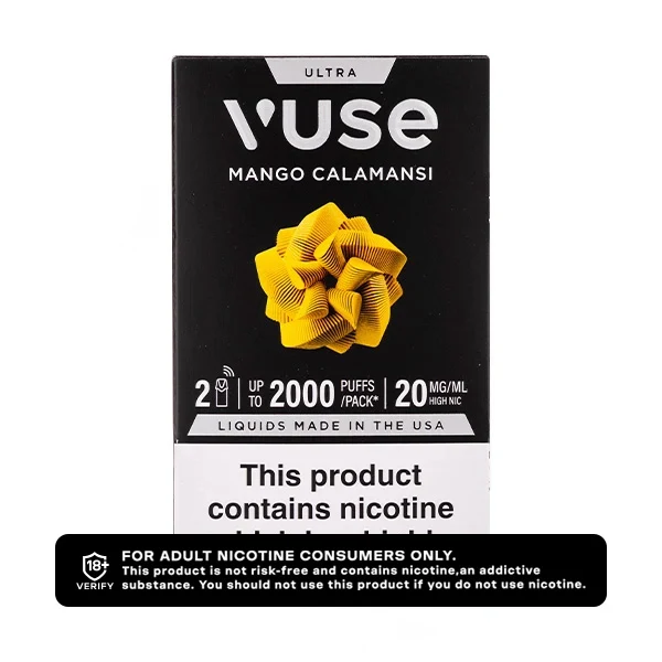 Vuse Ultra Mango Calamansi vape pods with nicotine warning label.