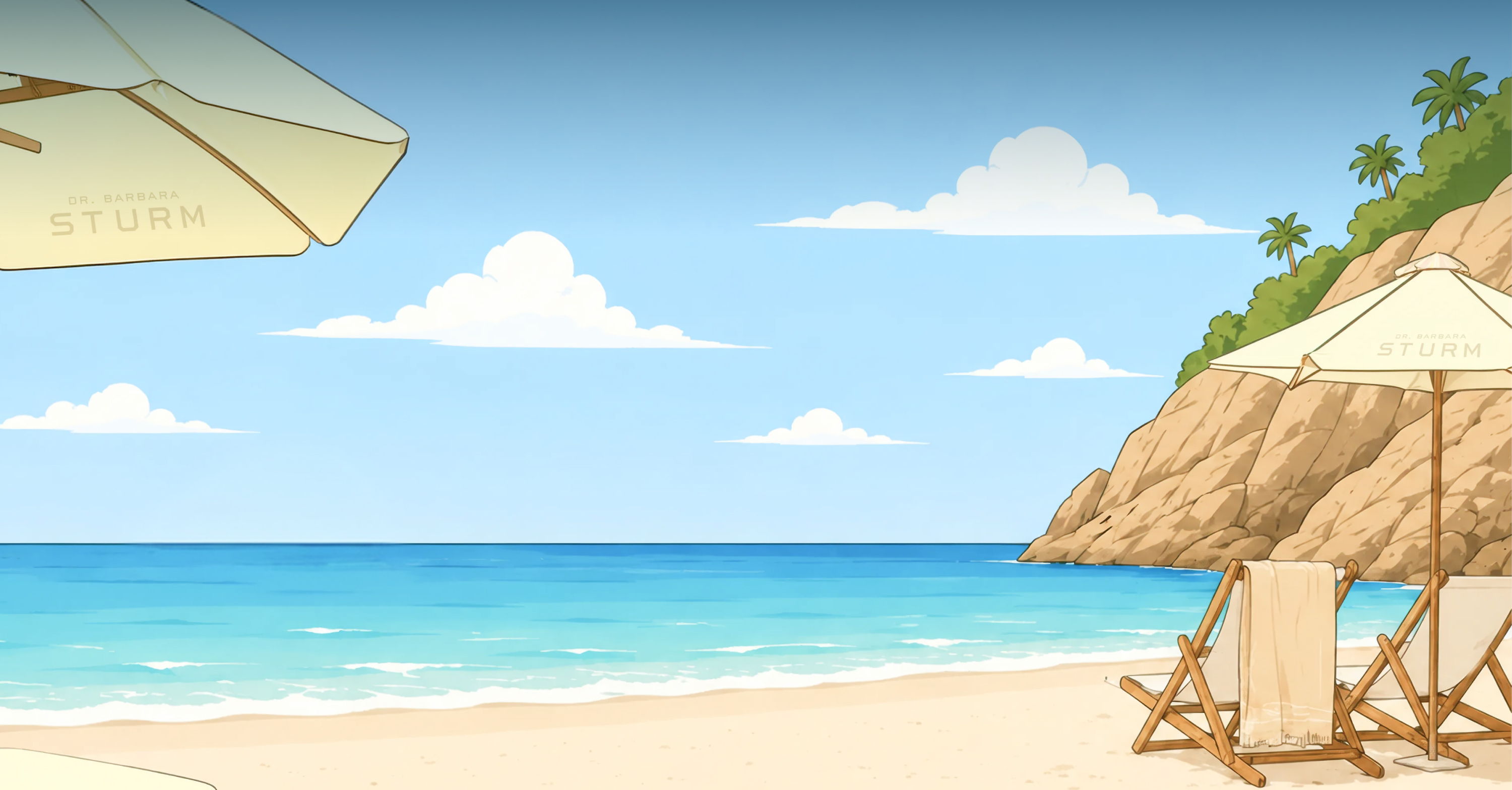 Beach scene with umbrellas and lounge chairs near the ocean.