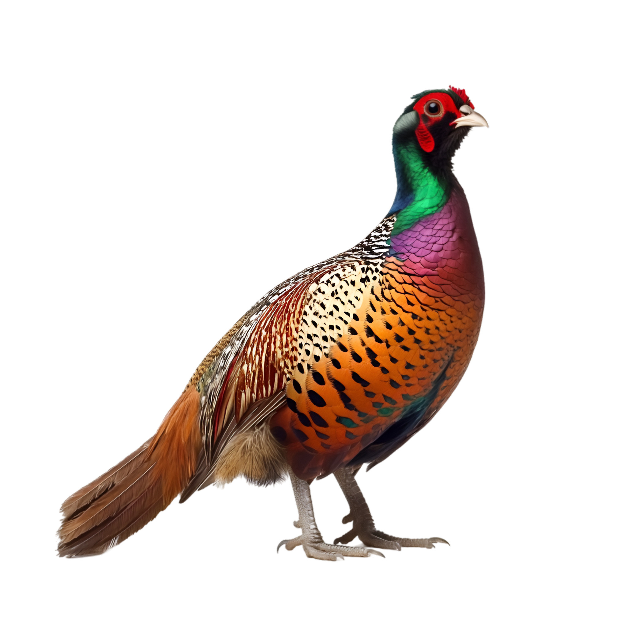 Colorful pheasant standing upright against a white background.