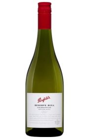 Bottle of white wine with a red cap and label.