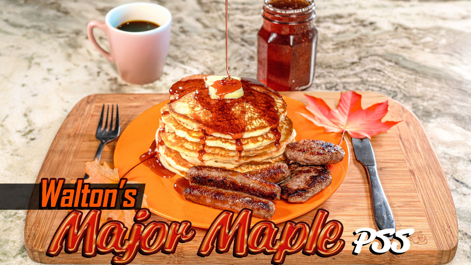 Stack of pancakes with syrup, bacon, coffee, and maple syrup jar.