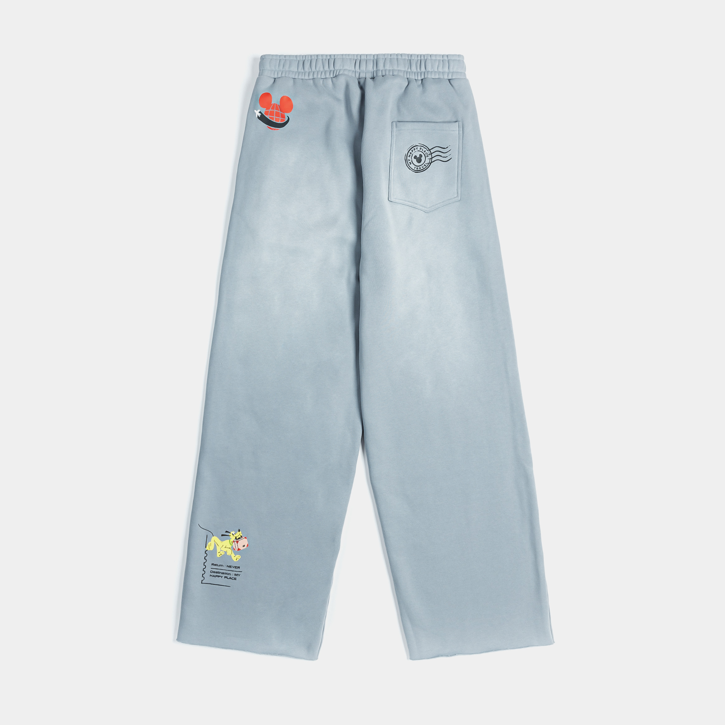Light blue pants with floral designs and embroidered details.