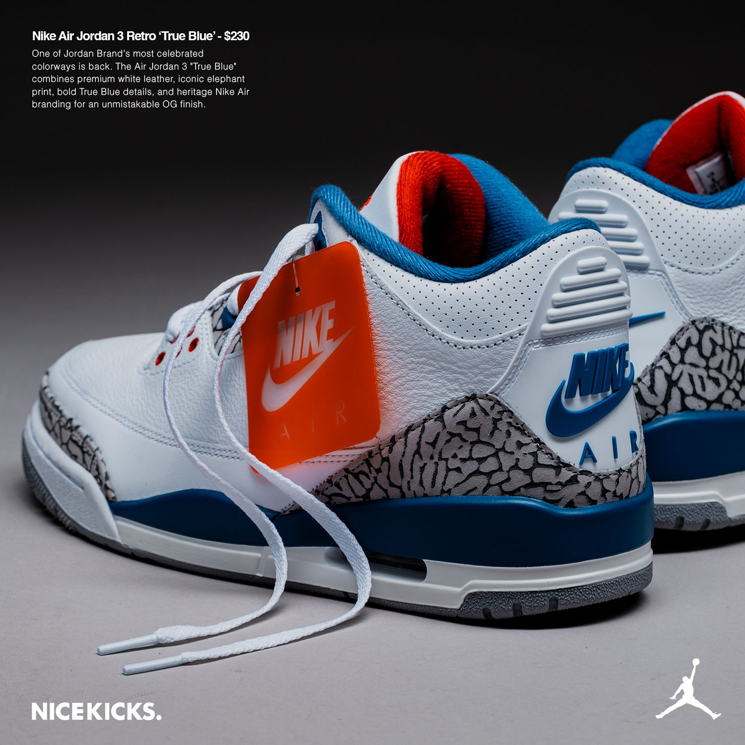 Nike Air Jordan 3 Retro 'White/Cement' sneakers in profile view.