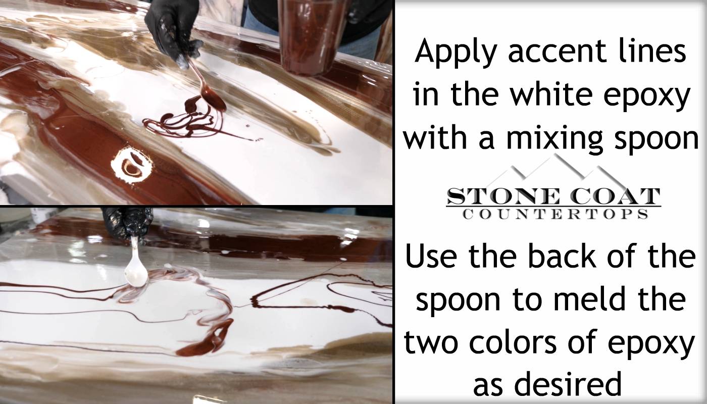 Add accent lines in white epoxy using a mixing spoon, then use the back of the spoon to blend the colors as desired.