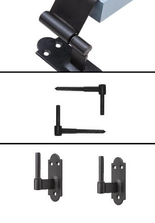 Various types of black door hinges and mounting hardware.